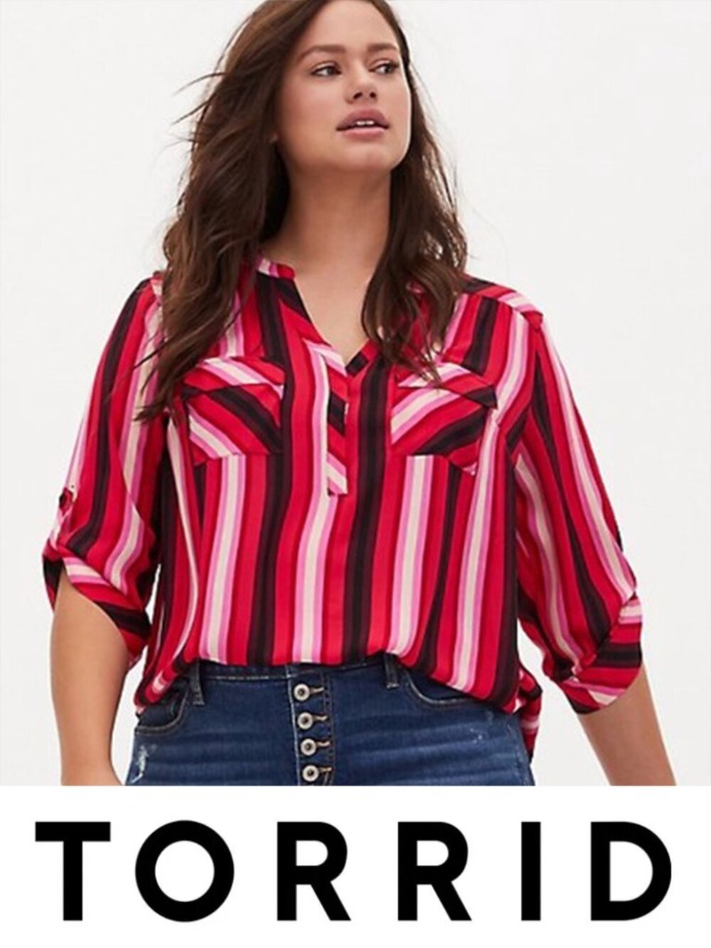 NWOT Torrid 0X Black/Pink Striped Harper Georgette Pullover 3/4 Sleeve Blouse
